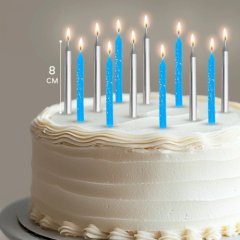Свечи декоративные Серебро и голубой с блёстками 8 см 12 шт 9943322	
